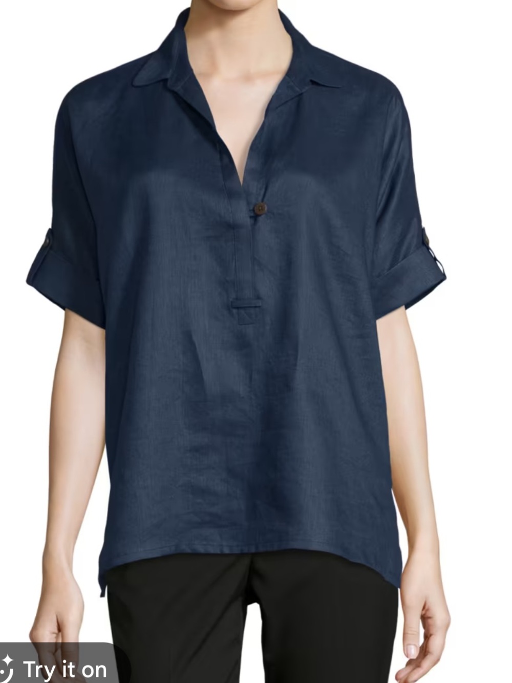 Go Silk Oversized Short-Sleeve Linen Tunic in Navy Blue Large